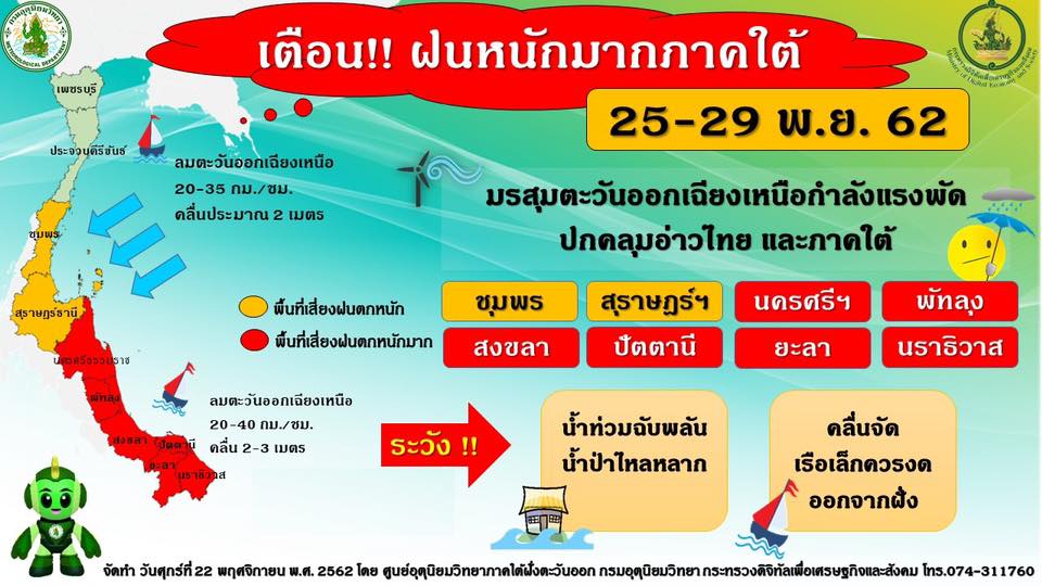 บอกกล่าวล่วงหน้า !! ระวัง..ฟ้าฝน กระทบภาคใต้ ช่วง 25-29 พ.ย. 62